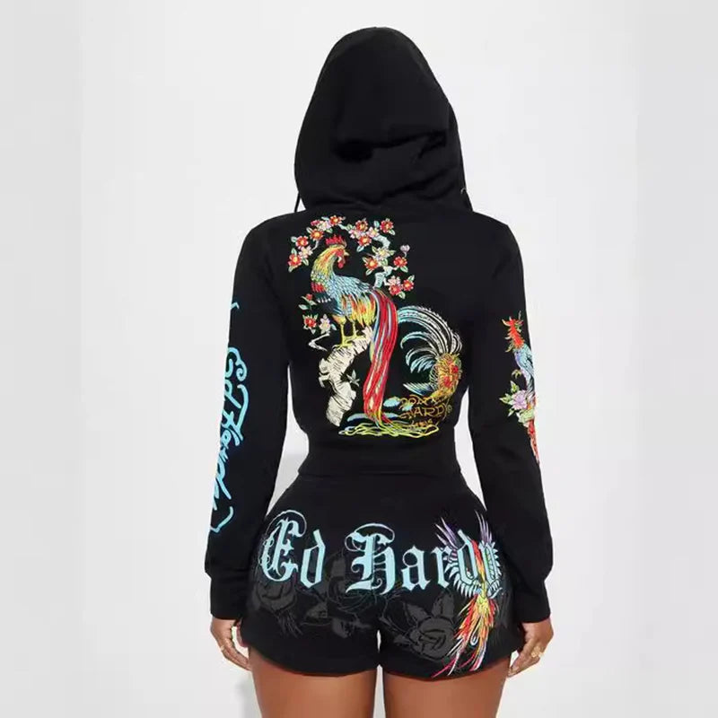 Sifreyr Street Printed Fashionable Casual Versatile Shorts Set Hooided Long Sleeved Zipper Cardigan Jacket High Waist Suit