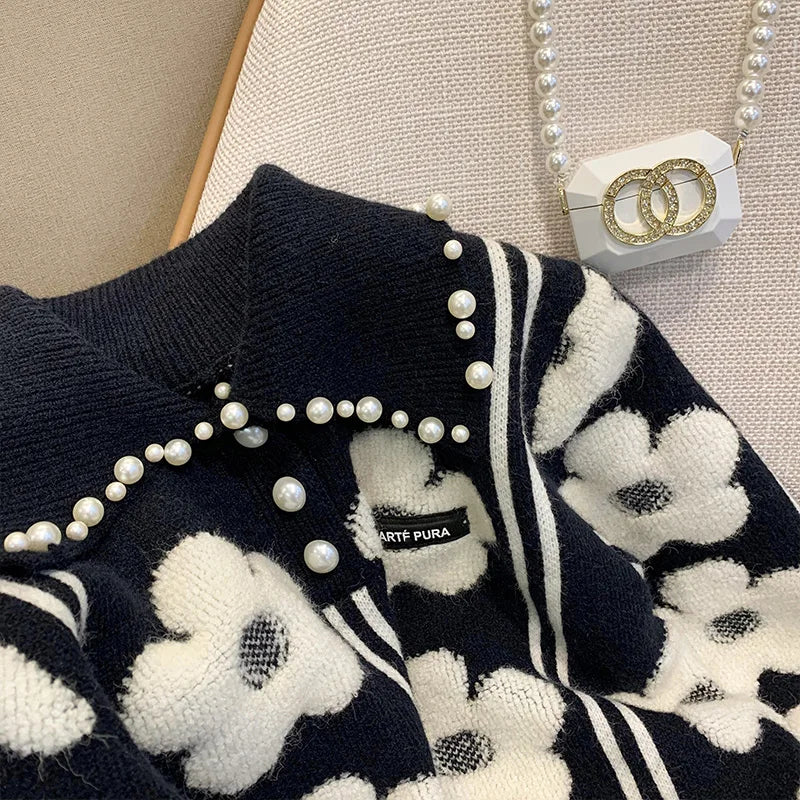 Pearl Beading Floral Knitted Women Sweater Tops 2023Autumn Winter Vintage Elegant Ladies Pullover Long Sleeve Fashion Jumpers