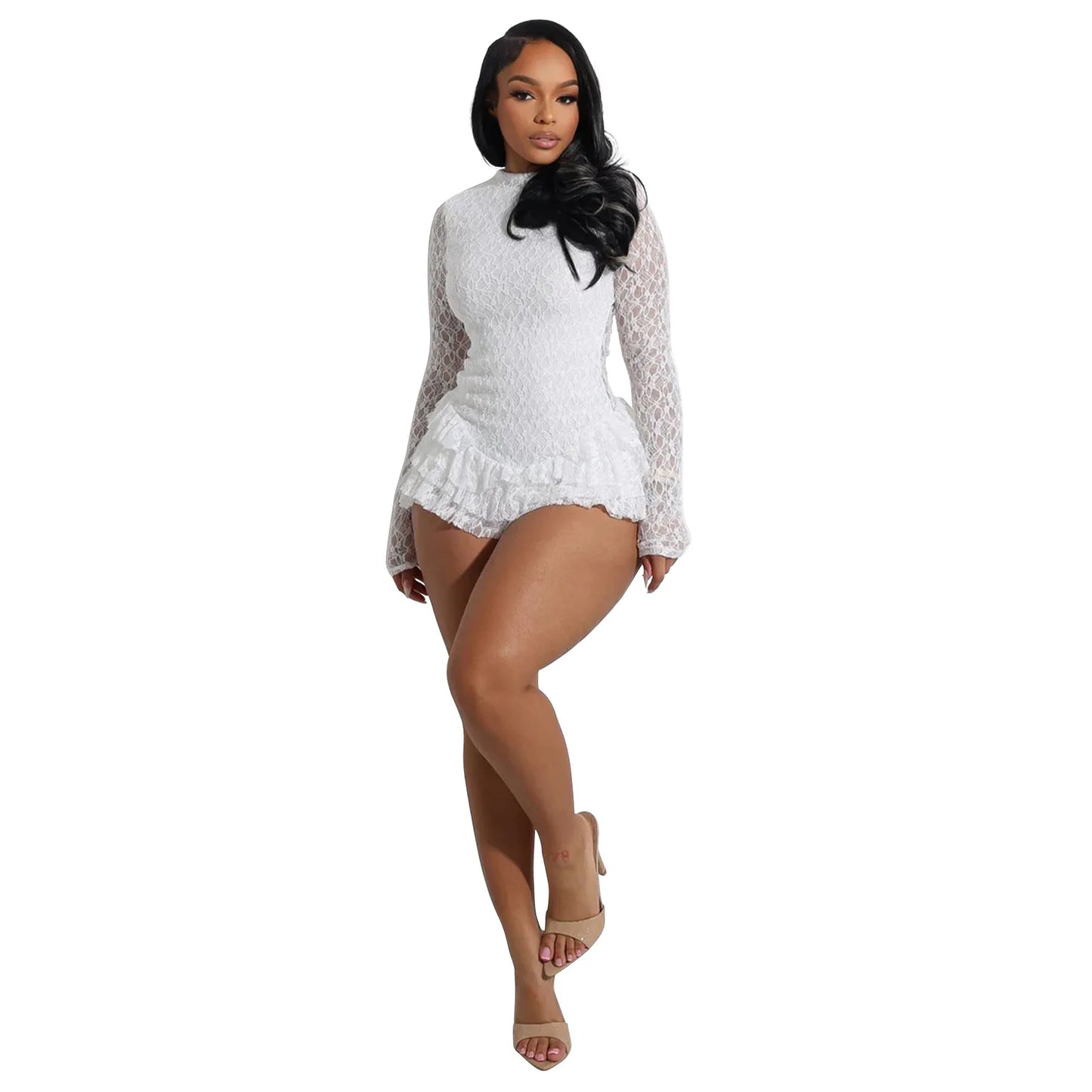 CM.YAYA Women Long Sleeve Lace Ruffles Ruched High Waist Short Jumpsuit Streetwear Backless Street One Piece Romper Playsuit