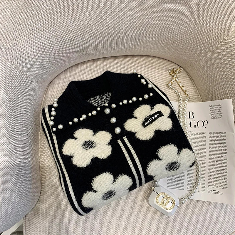 Pearl Beading Floral Knitted Women Sweater Tops 2023Autumn Winter Vintage Elegant Ladies Pullover Long Sleeve Fashion Jumpers