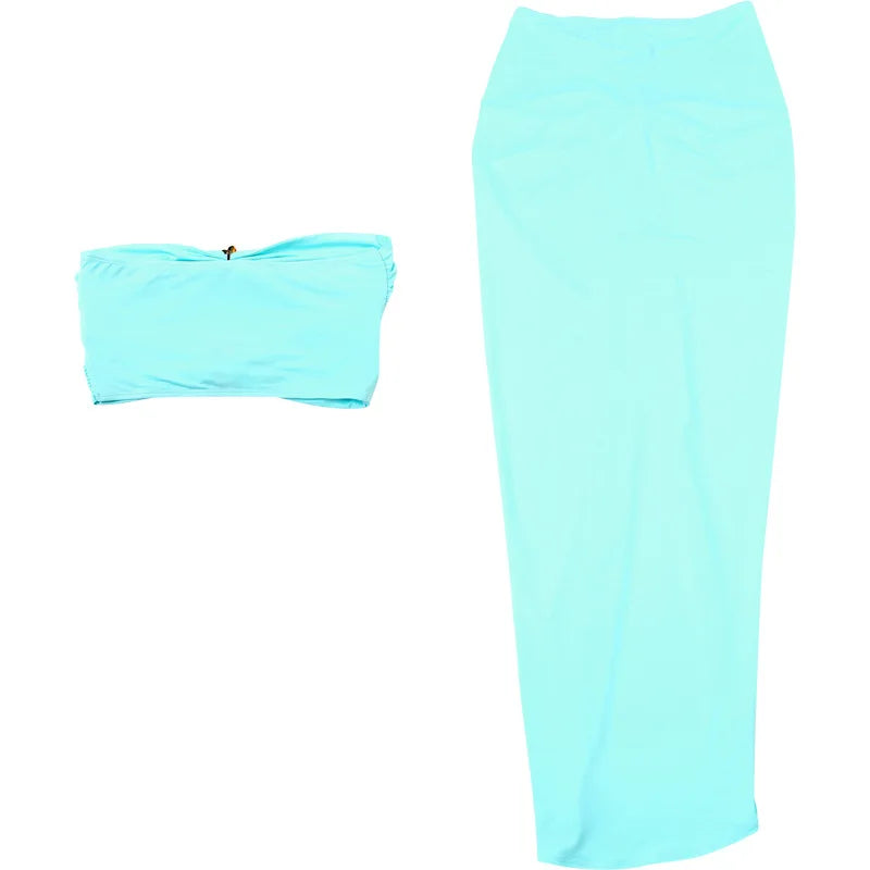 VEITCHE Summer Women Hollow Metal Buckle 2 Piece Skirt Sets Sexy Ruche Tops And Split Maxi Skirt Matching Clubwear Outfits