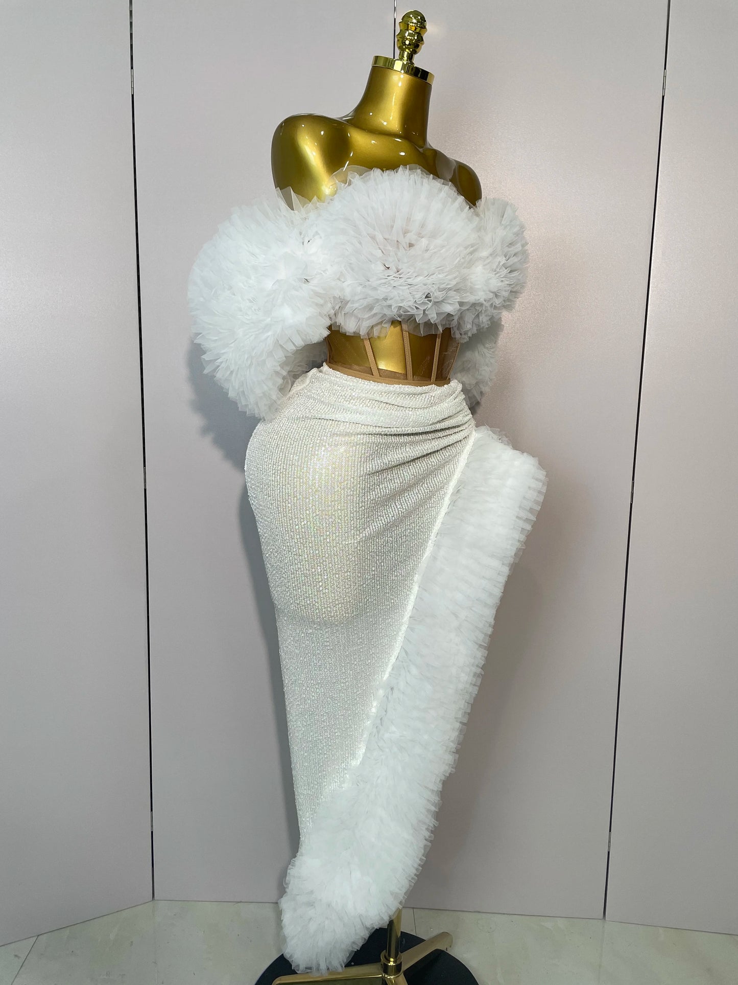 2025 Women White Sequins Top Short Skirt Two Pieces Set Sexy Celebrate Evening Prom Birthday Dress Nightclub Stage Outfit