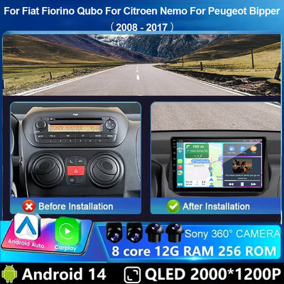 Android 14 Radio For Fiat Fiorino Qubo For Citroen Nemo For Peugeot Bipper 2008-2017 Car stereo Multimedia Player Carplay Auto