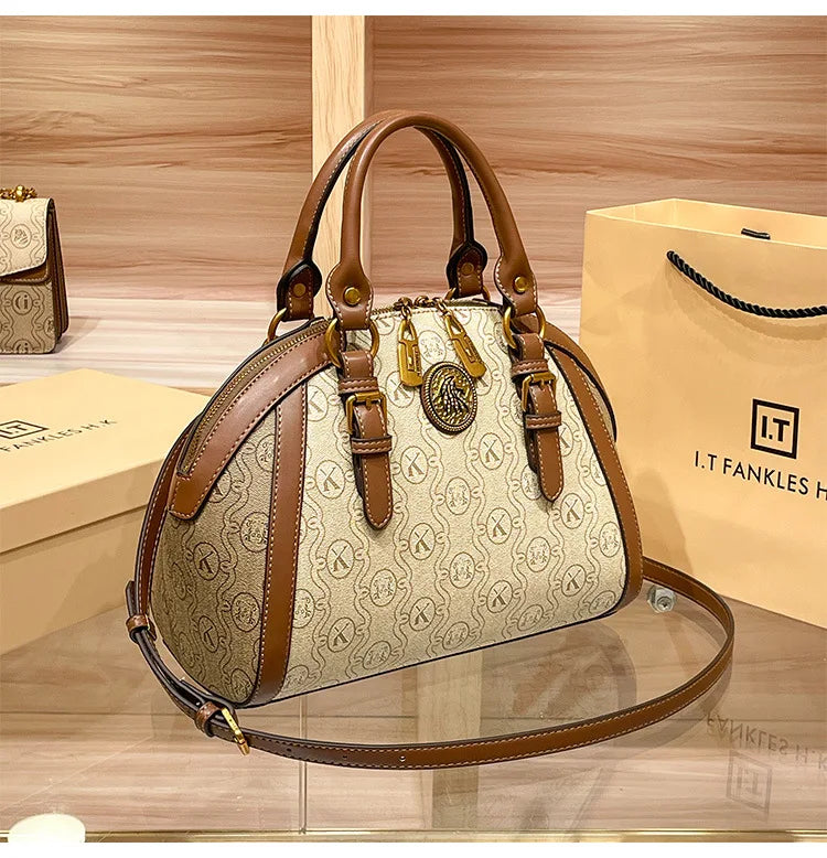 Khaki Retro Leather Women's Handbag Fashion Geometric Floral Girls Shoulder Bag Hundred Splicing Color Collision Girls Crossbody