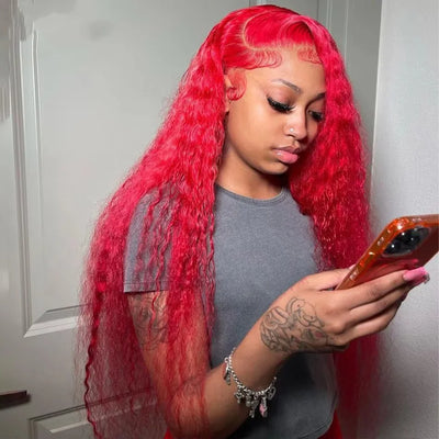 Red Color  Water Wave Lace Front Human Hair Curly Full Lace Front Human Hair180% Brazilian Wigs Water Wave 13x6 Lace Frontal Wig