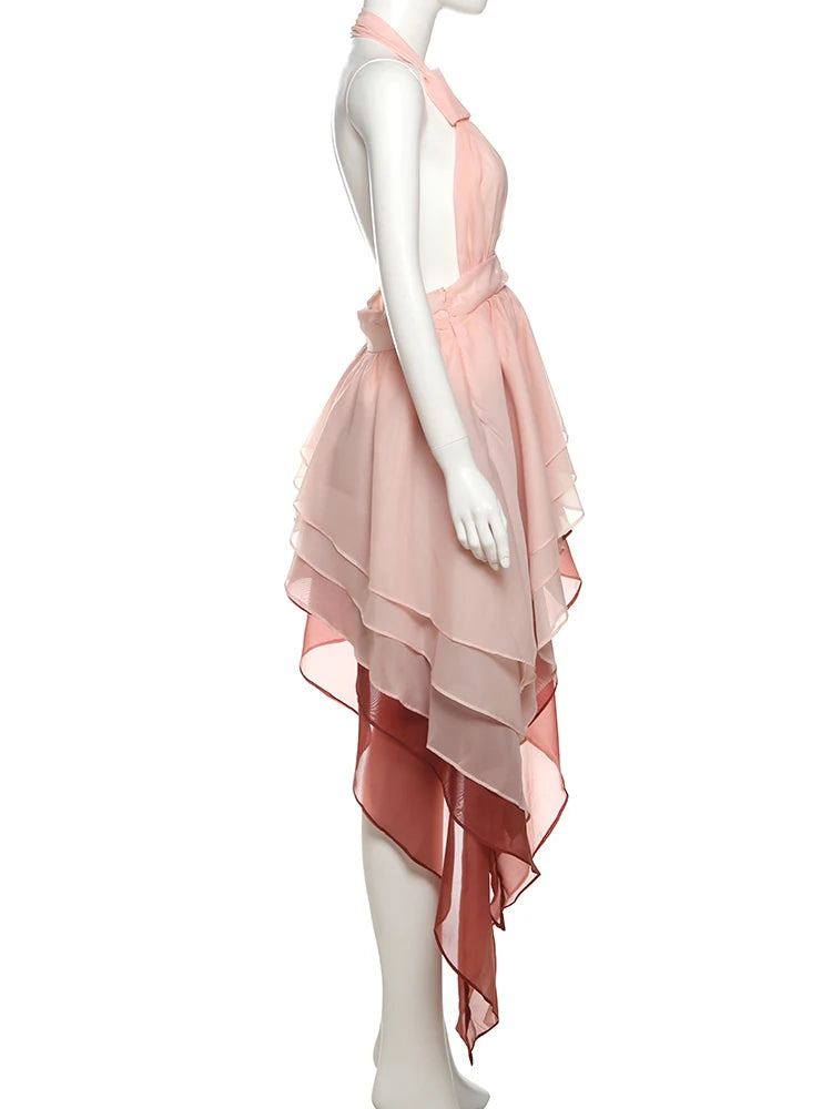 Weird Puss Tierred Tassel Dress Women Backless Sleeveless Halter Gradient Color Lace Pleated Sexy Beach Vacation Party Bodycon