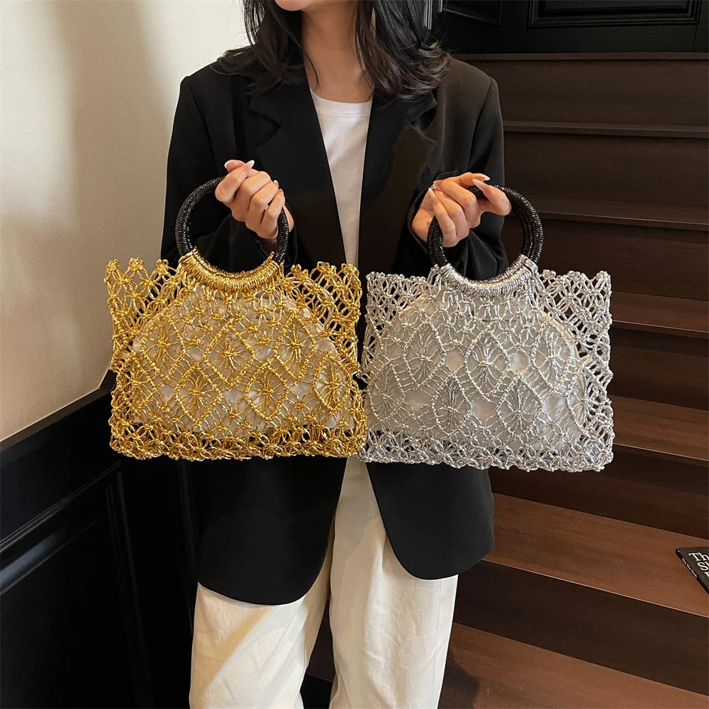 MOODS Handmade Woven Design Round Handle Handbags For Women Eco-friendly Craft Paper Hollow-out Luxury Designer Top-handle Bags
