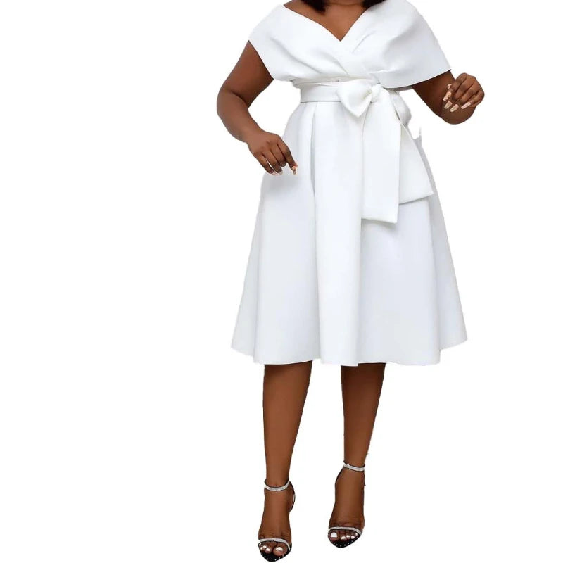 Dress Women Mid Length Dresses A Line Vestidos Slim Fit V Neck Short Sleeve Tight Waist Elegant Splice Lace Up Bow Summer