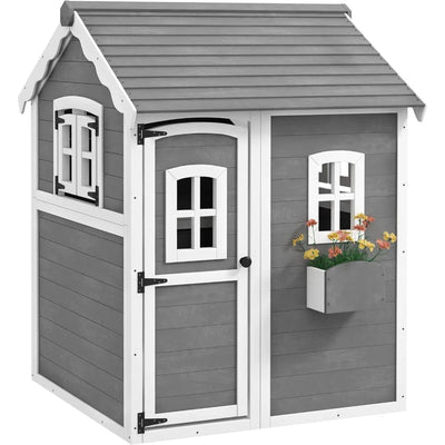 Outsunny Playhouse for Kids, Outdoor Wooden Playhouse with Floor, Door, Windows & Planter Box for 3-8 Year Olds, Backyard, Lawn,