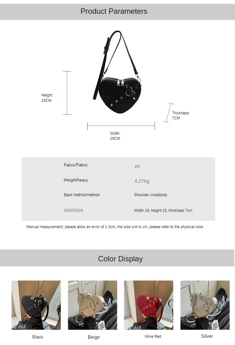 Vintage Y2K Small Chain Rivet Shoulder Bag Heart Shaped Purse Handbag Red PU Leather Gothic Tote Bag Fashion Women Crossbody Bag