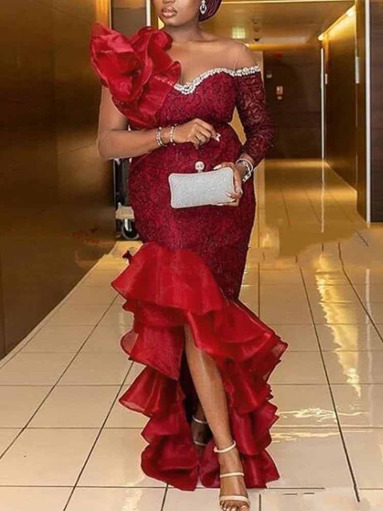 AOMEI Women Party Dress Off Shoulder One Sleeve Tiered Ruffle Slit Long Burgundy Lace Christmas Birthday Elegant Prom Event Gown