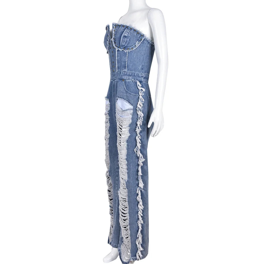 Sibybo Tassel Hollow Out  Overalls For Women Studded Diamond Strapless Backless Jeans Street Fashion Trend Jumpsuite Femme