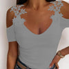 Lace Hollow Off Shoulder Short Sleeve Women V-Neck Sexy T-Shirts Solid  Slim Female Summer Casual Tops Tee Tunic