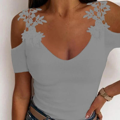 Lace Hollow Off Shoulder Short Sleeve Women V-Neck Sexy T-Shirts Solid  Slim Female Summer Casual Tops Tee Tunic