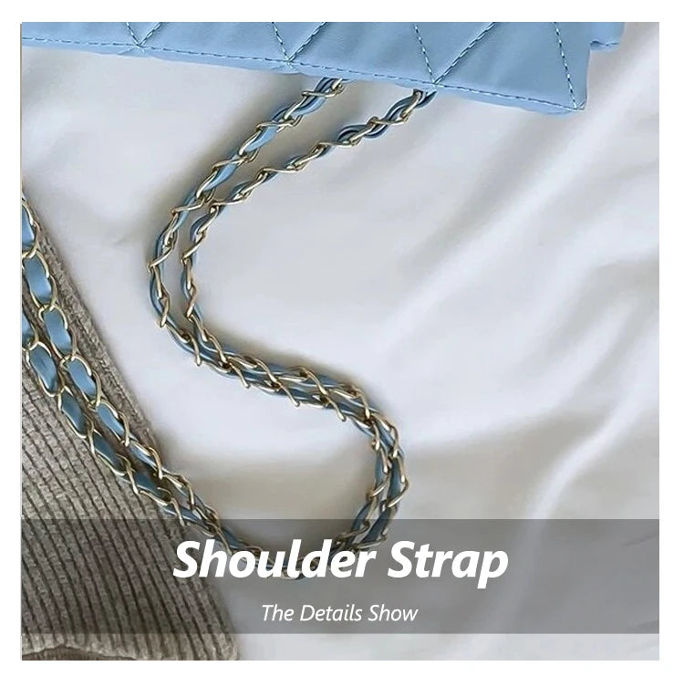 Fashion Blue Pu Flap Bag Golden Large Capacity Niche Geometric Handbag Women's Bag Embroidery Thread Metal Chain Shoulder Bag