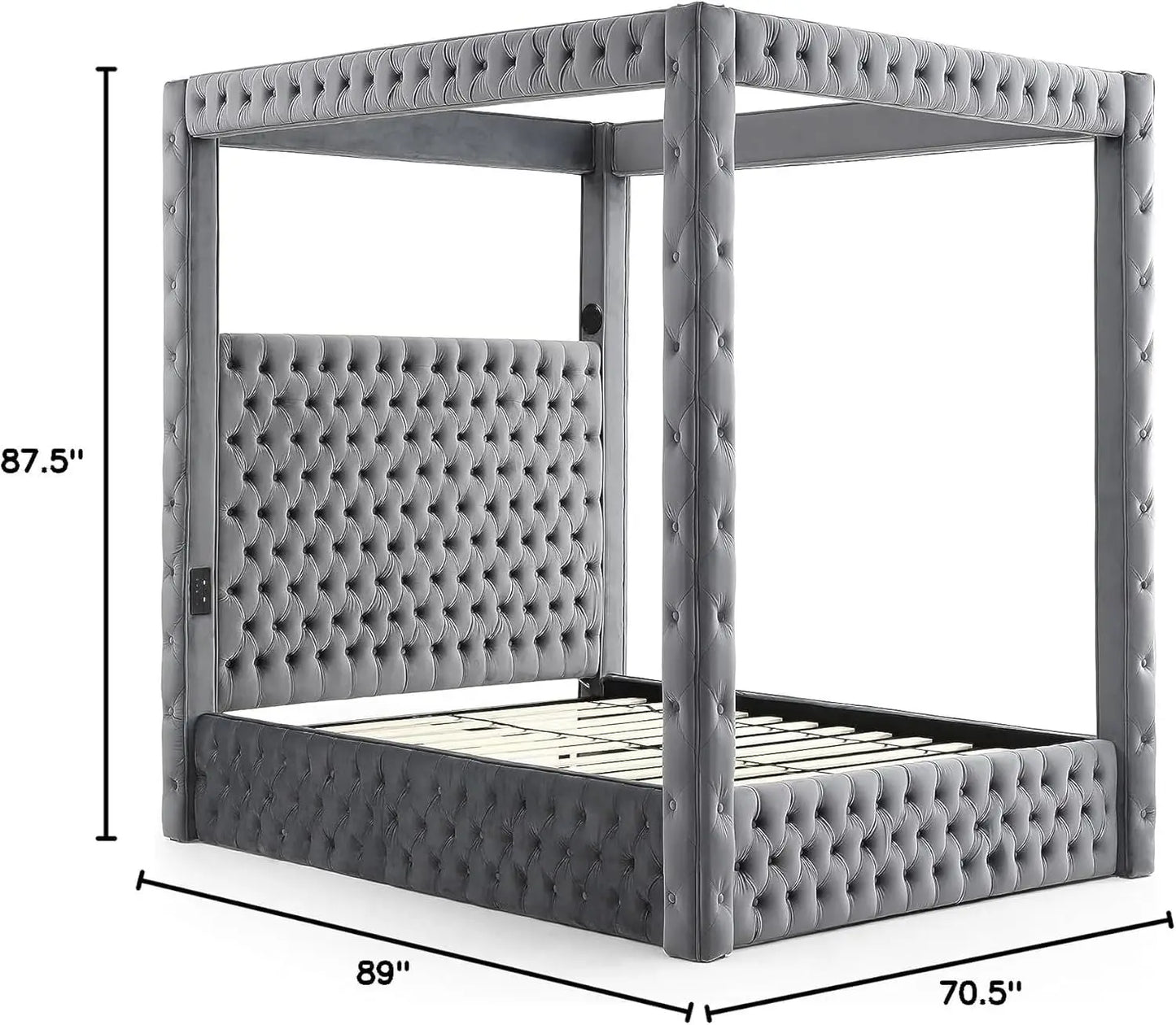 Luxurious Velvet Canopy Queen Bed With Speaker And Usb Connection In Gray