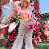 Cryptographic Fashion Tiered Mesh Sheer Flare Pants Rave Festival Outfits for Women Halloween Sexy Pants Streetwear Bottoms