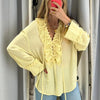 Solid Ruffles Full Sleeve Chiffon Shirt Women Casual Loose V Neck Long Sleeves Street Blouses 2025 Spring Summer Holiday Tops
