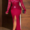 Plus Size Women Sequin Slim Paty Club Elegant Long Sleeve Ruched Rhinestone Pearl Decor Slit Train Maxi Dress Evening Dress 2024