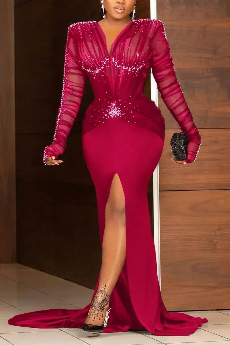 Plus Size Women Sequin Slim Paty Club Elegant Long Sleeve Ruched Rhinestone Pearl Decor Slit Train Maxi Dress Evening Dress 2024