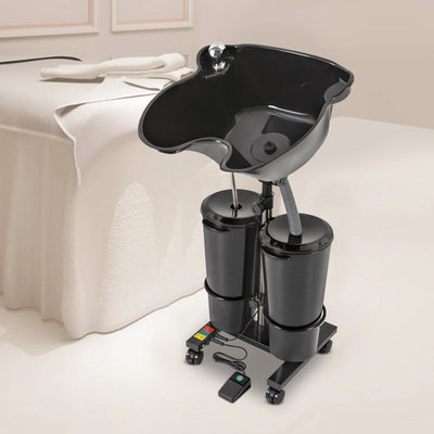 Portable Shampoo Basin with 2 Water Buckets 30cm Deep Salon Hair Washing Sink Adjustable Height Angle Mobile Shampoo Bowl Unit
