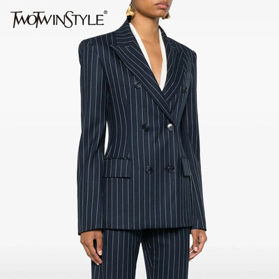 TWOTWINSTYLE Striped Temperament Blazers For Women Notched Collar Long Sleeve Tunic Patchwork Double Breasted Coats Female New