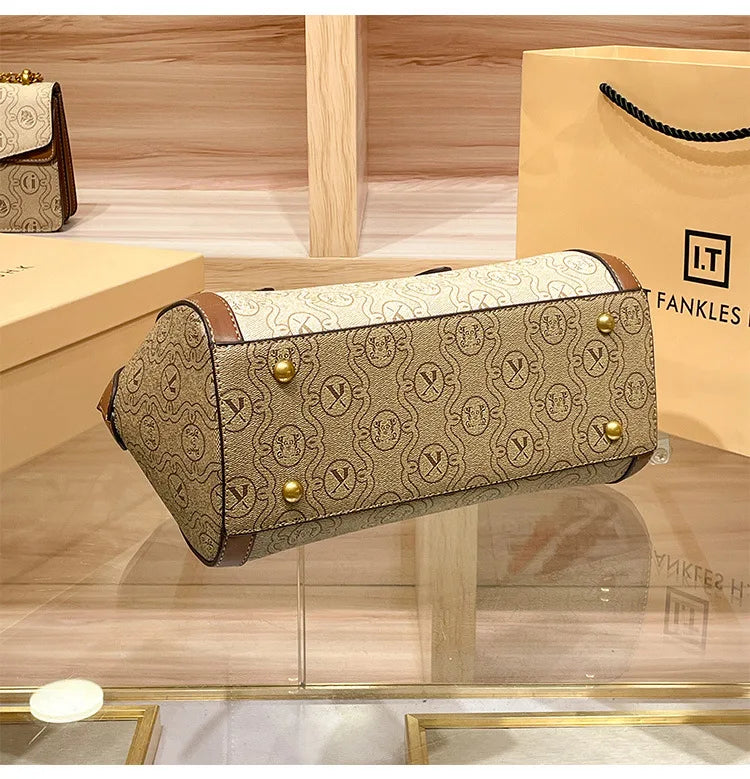 Khaki Retro Leather Women's Handbag Fashion Geometric Floral Girls Shoulder Bag Hundred Splicing Color Collision Girls Crossbody