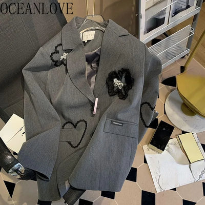 OCEANLOVE Embroidered Floral Blazers Women Spring Autumn Korean Fashion Chaquetas Elegant Grey Loose Retro Blazer Feminino