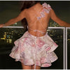 Women Tie-dye 3d Flower Deep V Neck Flare Sleeve Mini Dresses Fashion Slim Printed Multiple Pleat Vestidos New Lady Holiday Wear