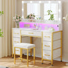 Vanity Desk with Mirror and Lights, Makeup Vanity with Upholstered Vanity Stool, 7 Fabric Drawers, 9 Dimmable LED Bulbs, Vanity