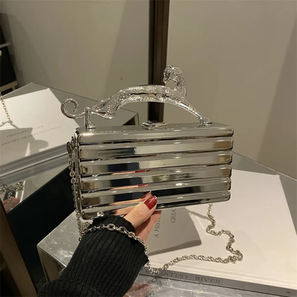Leopard handle Luxury Gold Silver Party Evening Bag For Women Chain Clutch Handbags And Purses Mini Crossbody Shoulder Phone Bag