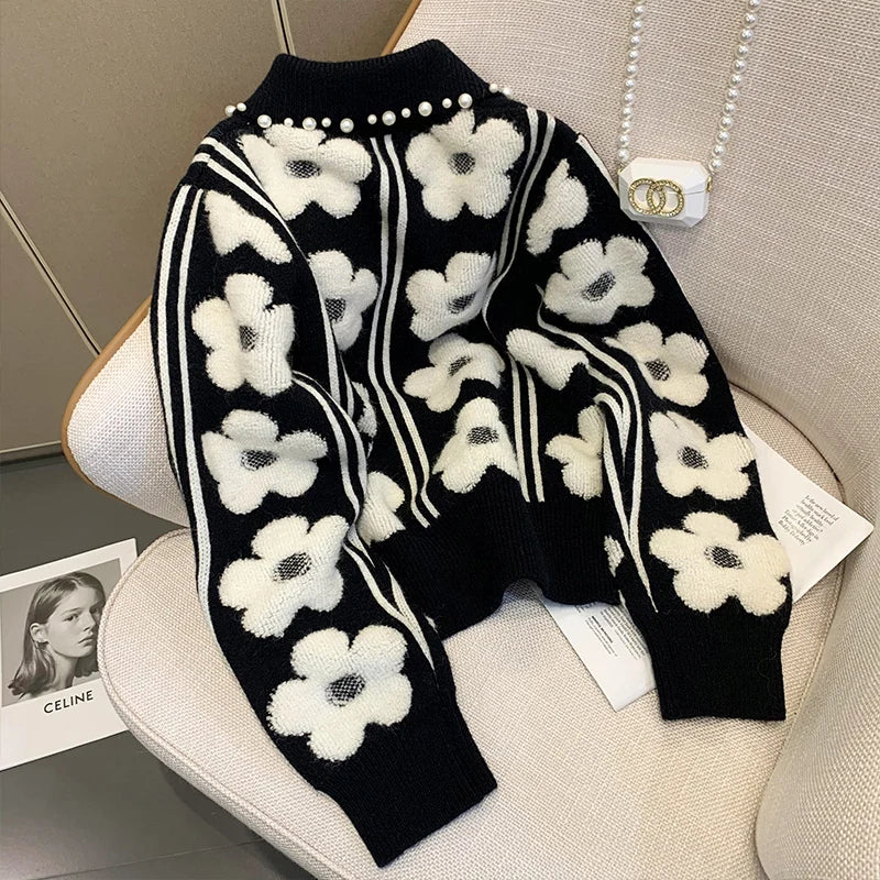 Pearl Beading Floral Knitted Women Sweater Tops 2023Autumn Winter Vintage Elegant Ladies Pullover Long Sleeve Fashion Jumpers