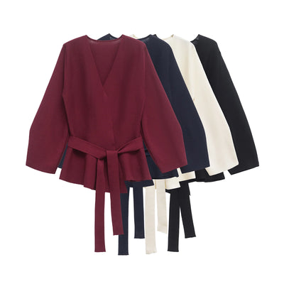 TRAFSHE Spring Women Shoulder Pad Belt Knit Blazer Women Retro V-neck Long Sleeve Versatile Female Coat Women Clothes 9598/128