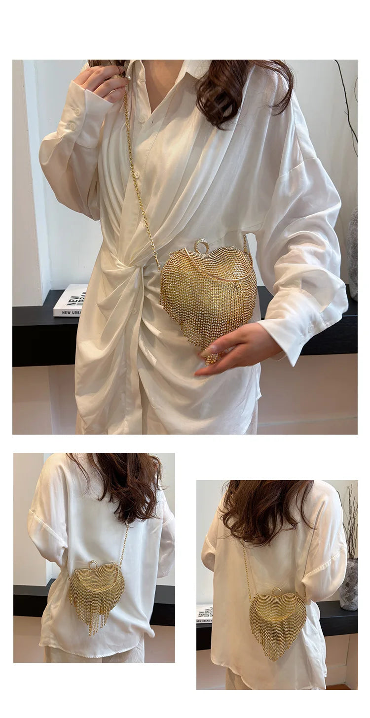 Rhinestone Evening Bag Heart Pattern Silver Handbag Womens Diamond Tassel Banquet Clutch And Purse Wedding Bridal Prom Wallets