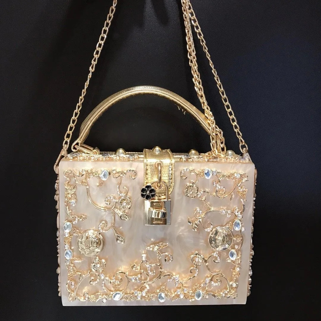 High-Grade crystal Evening Bag Female New Hollow Out Metal Carved Flower Diamond Handbag Box Fashion Chic Shoulder Crossbody Bag