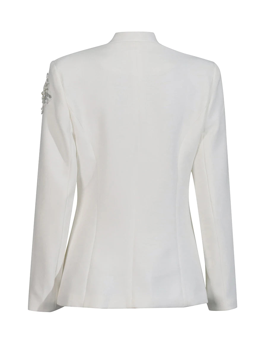 CHICEVER Solid Spliced Beading Slimming Blazer for Women Notched Collar Long Sleeve Patchwork Button Formal Coat Female Fashion