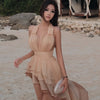 Weird Puss Tierred Tassel Dress Women Backless Sleeveless Halter Gradient Color Lace Pleated Sexy Beach Vacation Party Bodycon