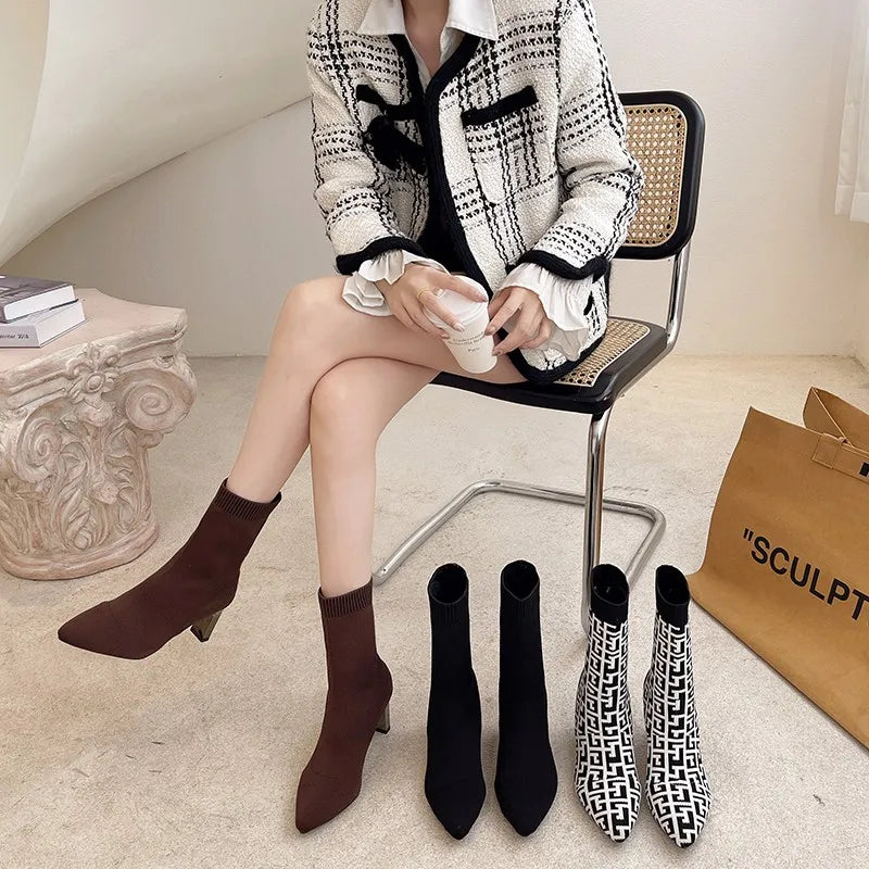 2022 New Winter Women's Shoes Knitted Mid-calf Socks Boots Pointed Toe Stiletto Elastic Designer Women's Boots 35-40