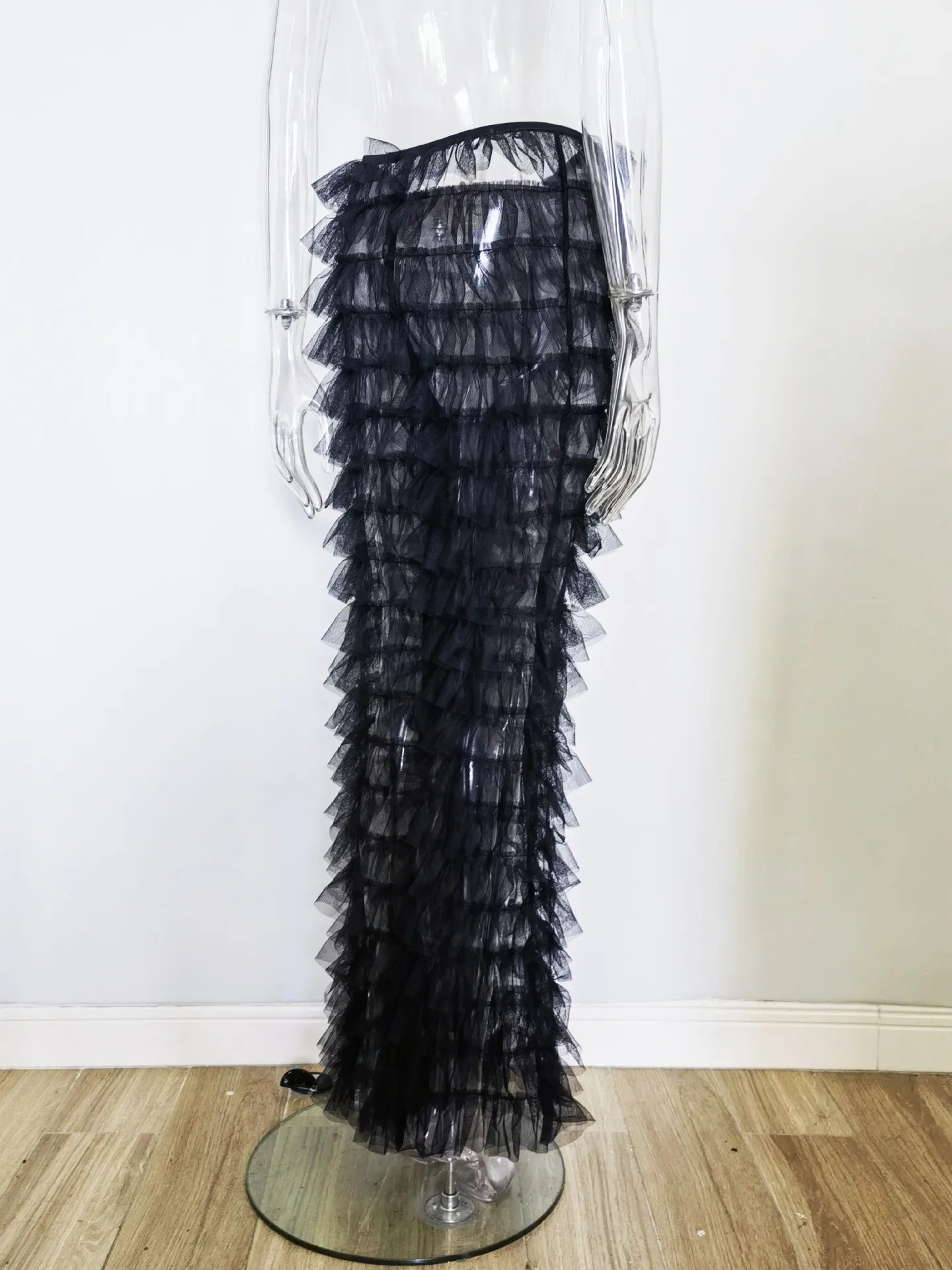 Cryptographic Fashion Tiered Mesh Sheer Flare Pants Rave Festival Outfits for Women Halloween Sexy Pants Streetwear Bottoms