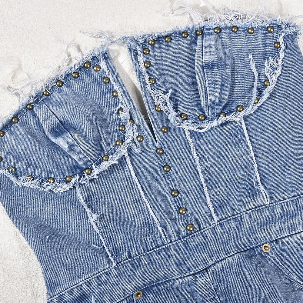 Sibybo Tassel Hollow Out  Overalls For Women Studded Diamond Strapless Backless Jeans Street Fashion Trend Jumpsuite Femme