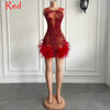Stunning Sparkly Luxury Diamond Women Birthday Party Cocktail Gowns Sexy Sheer Pink Feather Mini Short Prom Dresses 2025