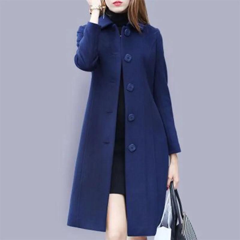 New Fashion British Solid Button Wool Coat Women Long Sleeve Jackets Woman Elegant Pocket Slim Outfit Mujer - MAGUSTA BEAUTY