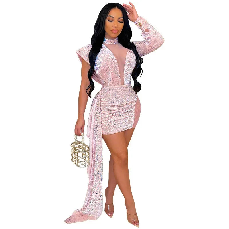 Autumn and Winter Women's Clothing Semi-turtleneck Mesh Beads Tight Hip-wrapped Sexy Evening Dress