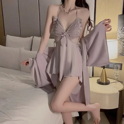New Women Bow Lace Nighty Robe Sexy Lingerie Thin Silk Satin Nightgowns Pajama Dress Female Backless Sexy Sleepwear