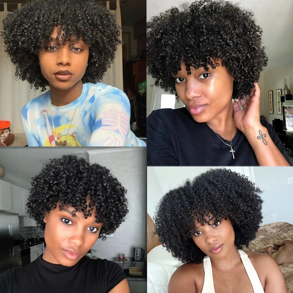 10 Inch Afro Kinky Curly Bob Wig With Bangs Curly Pixie Cut Glueless Wigs Machine Made Brazilian Human Hair Wigs For Black Women