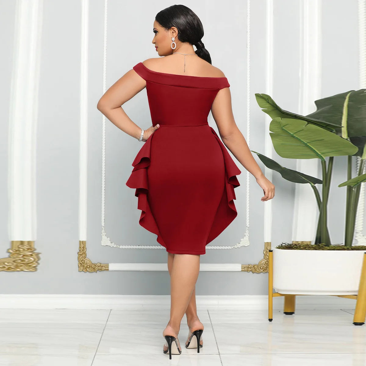 CM.YAYA Women Zipper Side Ruffles Off Shoulder Short Sleeve V-neck Bodycon Midi Dress 2023 Club Evening Sexy Party Dresses
