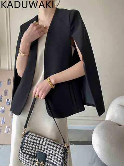 Vintage Elegant Cloak Style Women Blazers Simple Solid Color V Neck Long Sleeve Loose Suit Jackets Spring Autumn 2025 New Coat