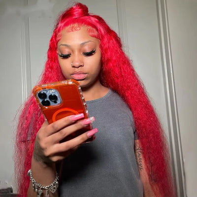 Red Color  Water Wave Lace Front Human Hair Curly Full Lace Front Human Hair180% Brazilian Wigs Water Wave 13x6 Lace Frontal Wig