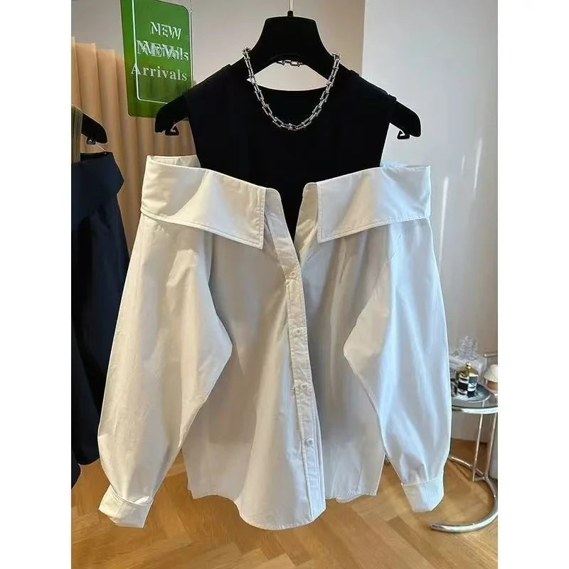 New Off The Shoulder Blouses Women Slim and Loose Tank Top Spliced Long Sleeve Shirts Autumn Round Neck Fashion Shirts Women Top