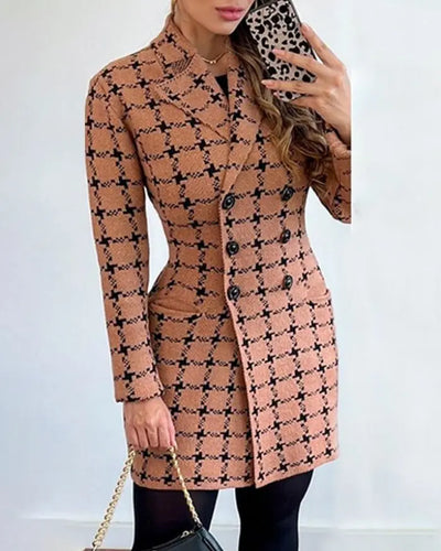 Jackets for Women Autumn Fashion Plaid Print Double breasted Elegant Polo Collar Long Sleeve Medium Length Blazer Coat